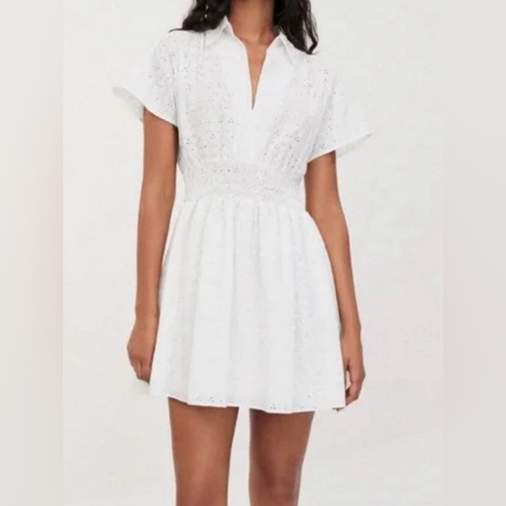ZARA White Eyelet Midi Dress M Short Sleeve Summer Flowy